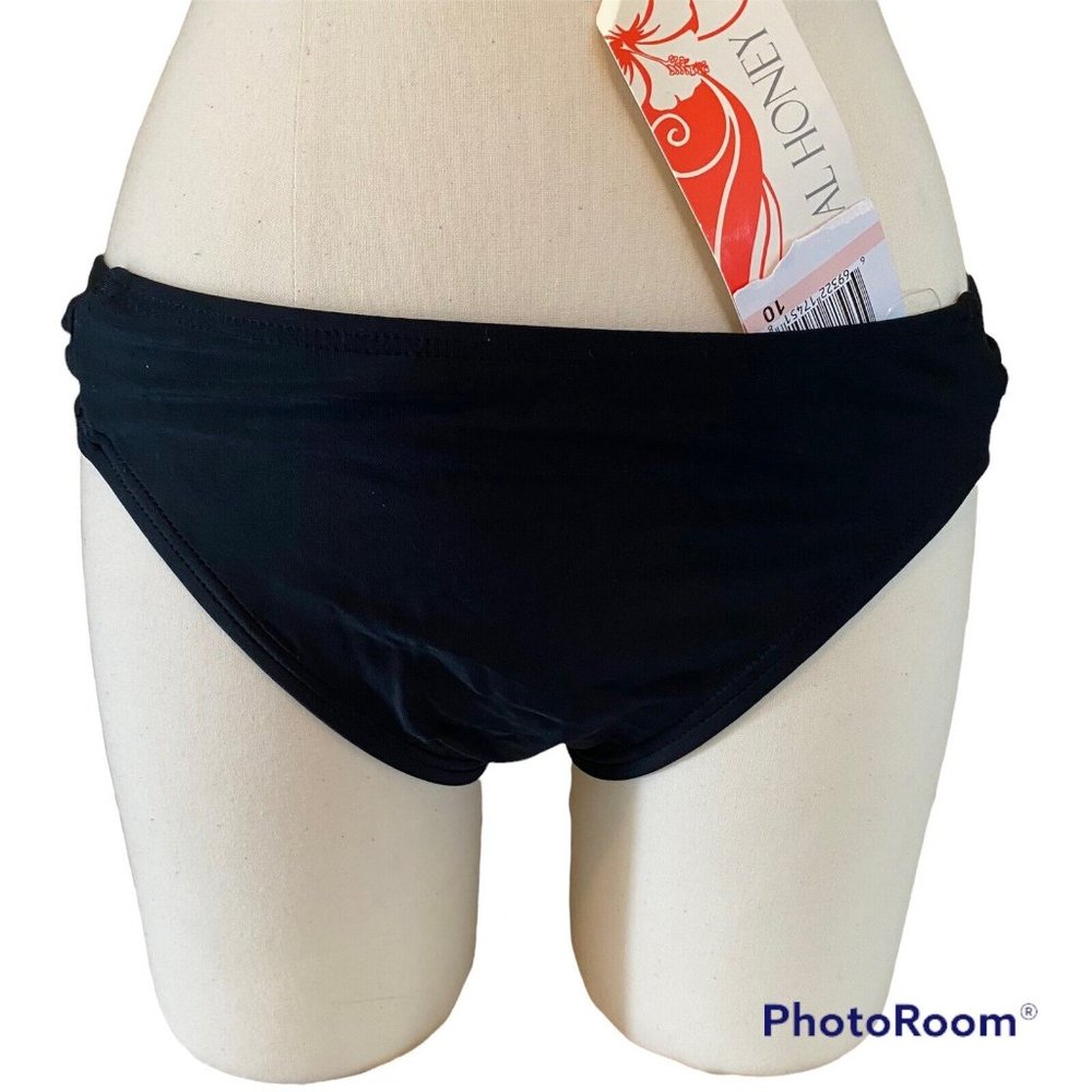 tropical honey bikini bottom black ruched detail size 10 nwt